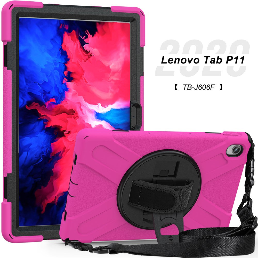360 Degree Swivel Kickstand Design PC + Silicone Hybrid Tablet Case with Shoulder Strap for Lenovo Tab P11 TB-J606F / Tab P11 5G / Tab P11 5G - Rose