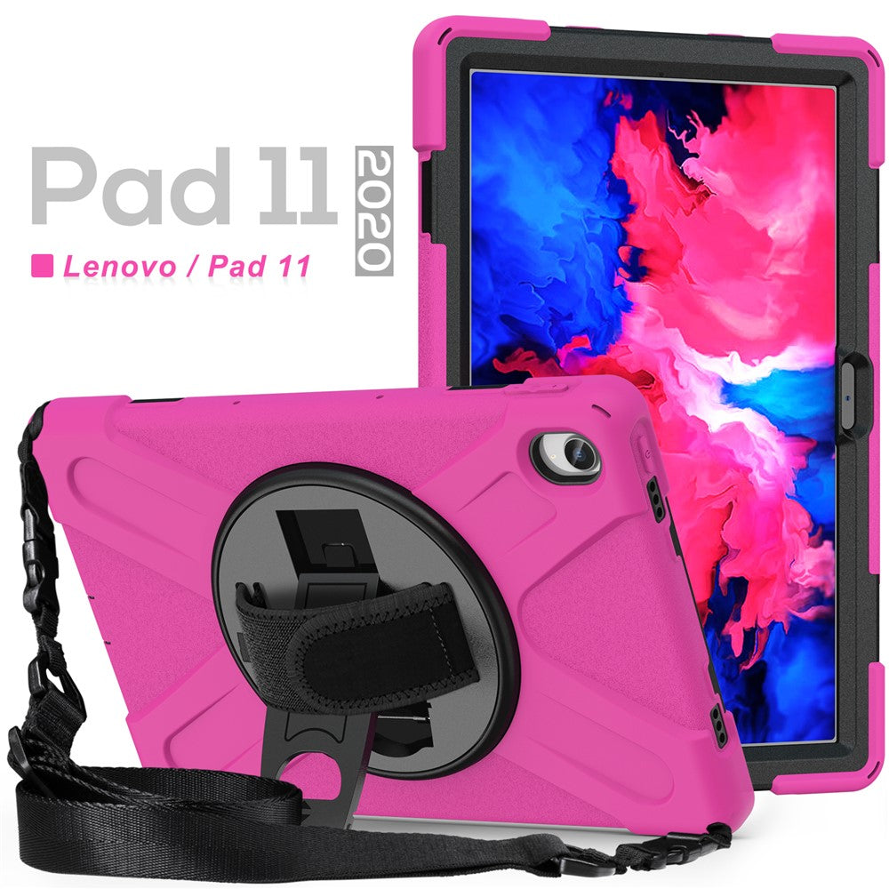 360 Degree Swivel Kickstand Design PC + Silicone Hybrid Tablet Case with Shoulder Strap for Lenovo Tab P11 TB-J606F / Tab P11 5G / Tab P11 5G - Rose