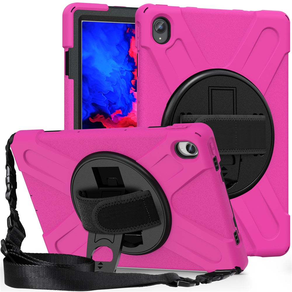 360 Degree Swivel Kickstand Design PC + Silicone Hybrid Tablet Case with Shoulder Strap for Lenovo Tab P11 TB-J606F / Tab P11 5G / Tab P11 5G - Rose