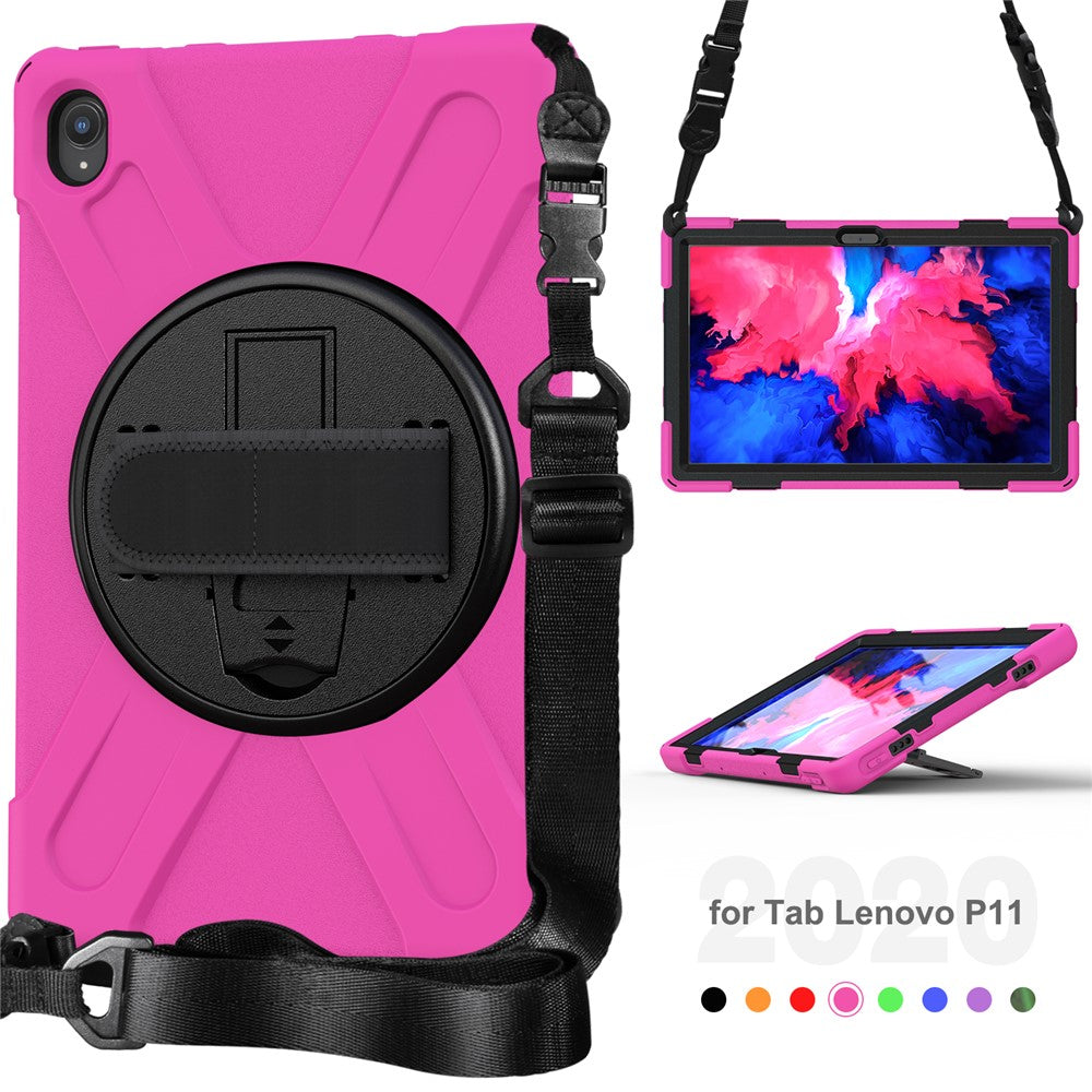 360 Degree Swivel Kickstand Design PC + Silicone Hybrid Tablet Case with Shoulder Strap for Lenovo Tab P11 TB-J606F / Tab P11 5G / Tab P11 5G - Rose