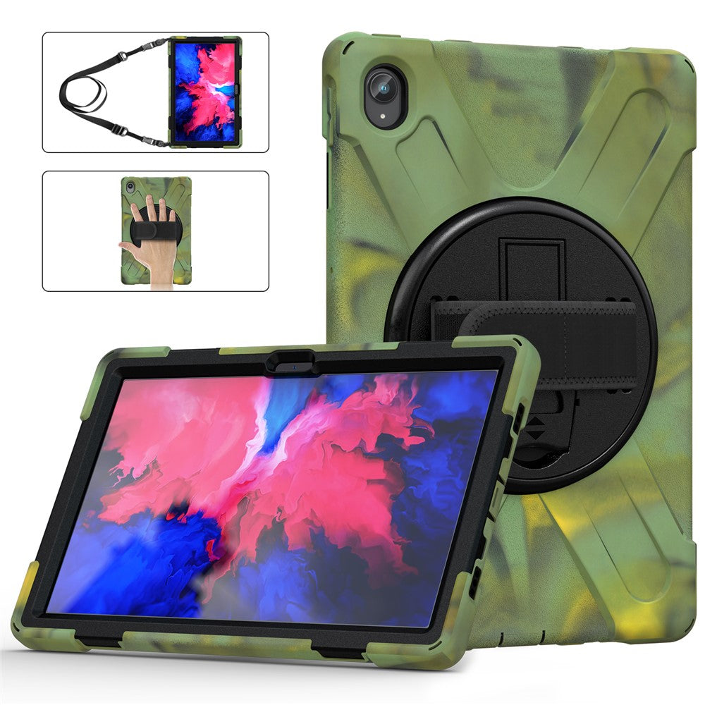 360 Degree Swivel Kickstand Design PC + Silicone Hybrid Tablet Case with Shoulder Strap for Lenovo Tab P11 TB-J606F / Tab P11 5G / Tab P11 5G - Camouflage