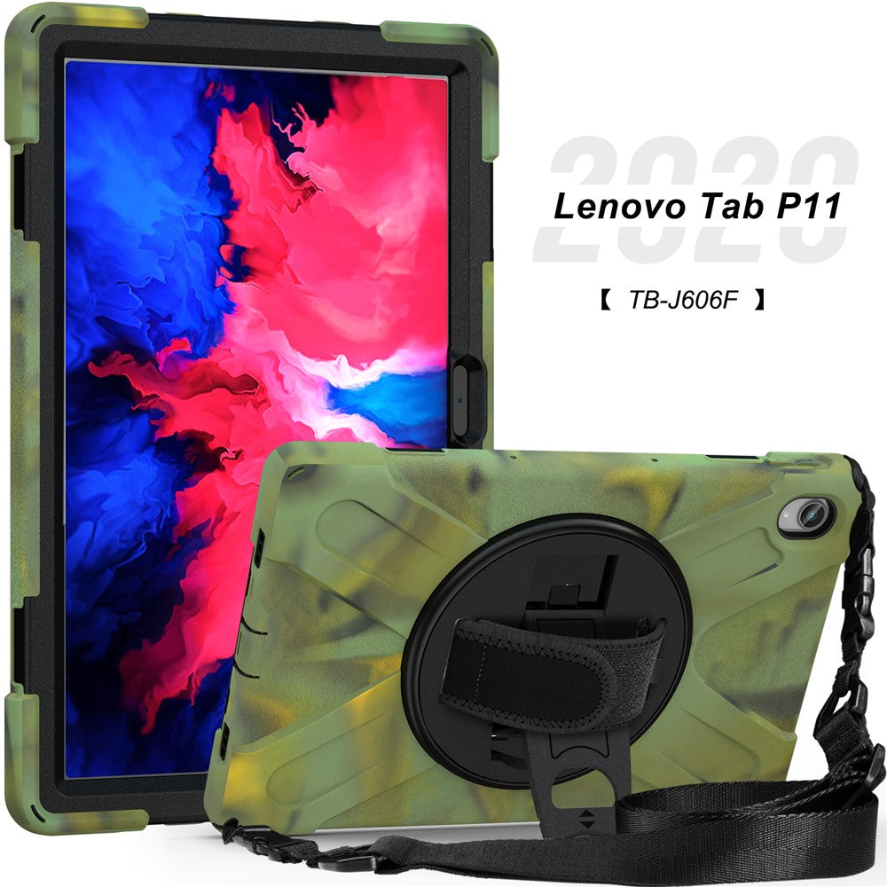 360 Degree Swivel Kickstand Design PC + Silicone Hybrid Tablet Case with Shoulder Strap for Lenovo Tab P11 TB-J606F / Tab P11 5G / Tab P11 5G - Camouflage