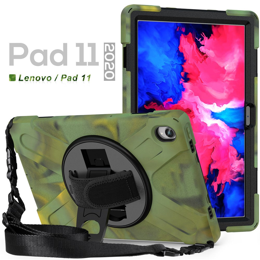 360 Degree Swivel Kickstand Design PC + Silicone Hybrid Tablet Case with Shoulder Strap for Lenovo Tab P11 TB-J606F / Tab P11 5G / Tab P11 5G - Camouflage
