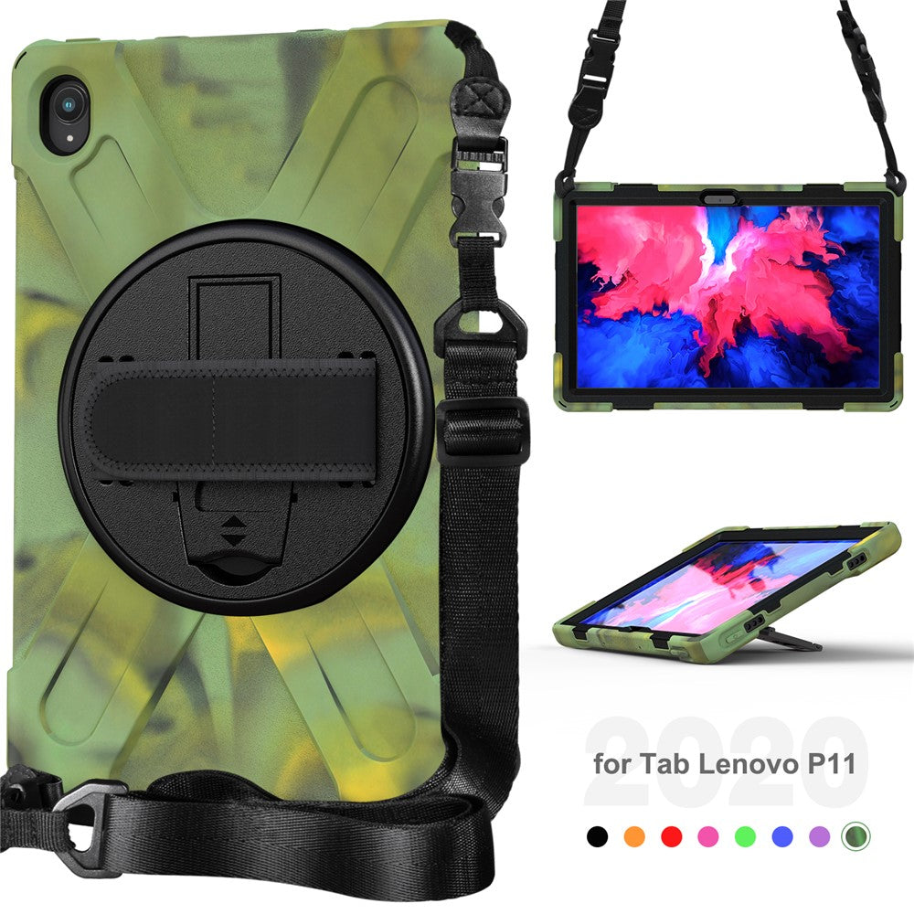 360 Degree Swivel Kickstand Design PC + Silicone Hybrid Tablet Case with Shoulder Strap for Lenovo Tab P11 TB-J606F / Tab P11 5G / Tab P11 5G - Camouflage