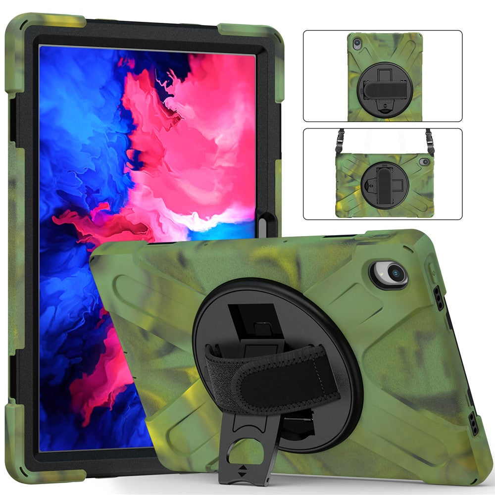 360 Degree Swivel Kickstand Design PC + Silicone Hybrid Tablet Case with Shoulder Strap for Lenovo Tab P11 TB-J606F / Tab P11 5G / Tab P11 5G - Camouflage
