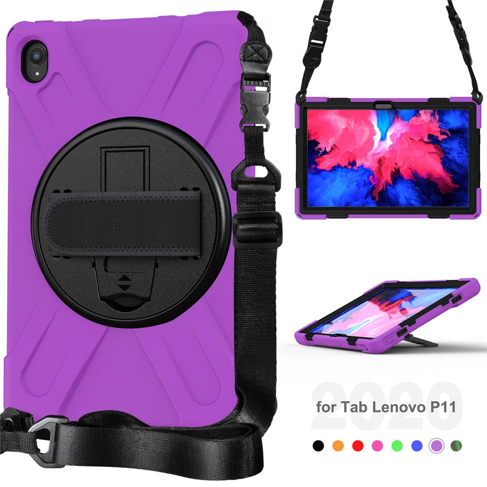360 Degree Swivel Kickstand Design PC + Silicone Hybrid Tablet Case with Shoulder Strap for Lenovo Tab P11 TB-J606F / Tab P11 5G / Tab P11 5G - Purple