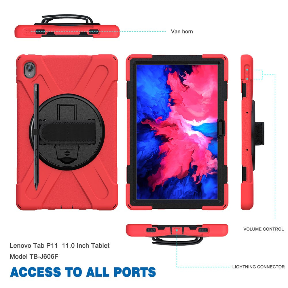 360° Rotary Kickstand Design PC + Silicone Tablet Case Shell for Lenovo Tab P11 TB-J606F / Tab P11 5G / Tab P11 Plus TB-J616 - Red