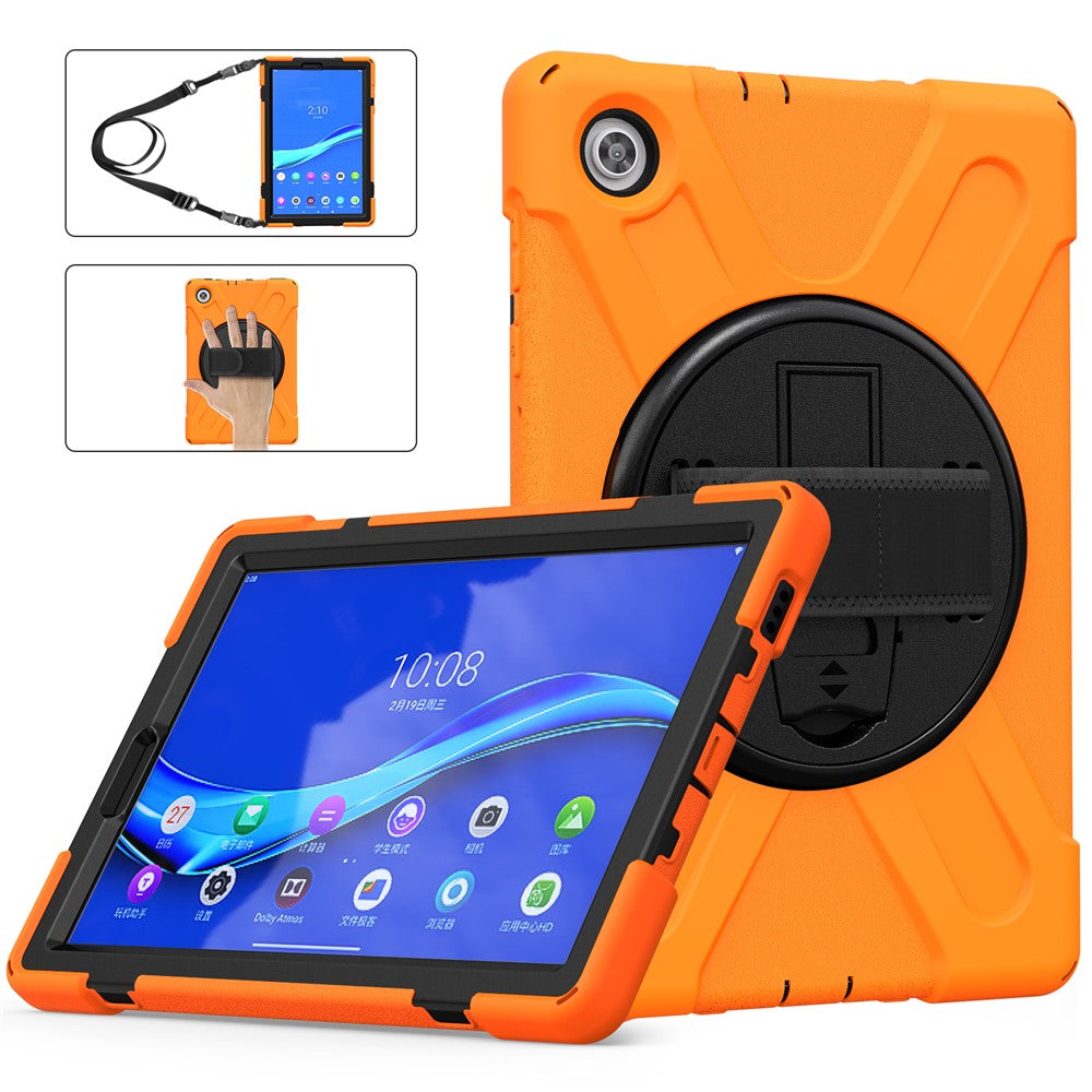 360 Degree Swivel Kickstand Design PC + Silicone Hybrid Tablet Case with Shoulder Strap for Lenovo Tab M10 HD X306X - Orange