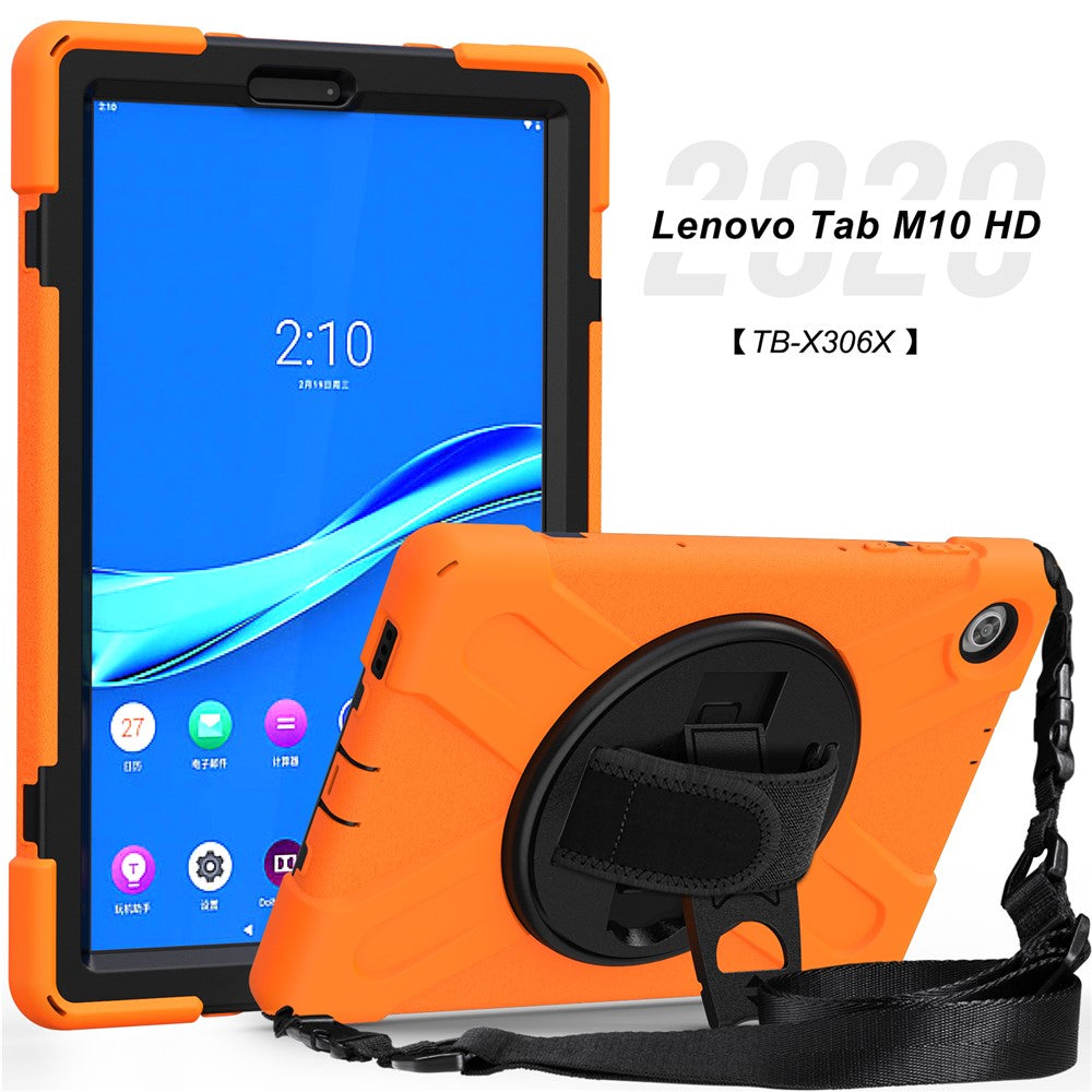 360 Degree Swivel Kickstand Design PC + Silicone Hybrid Tablet Case with Shoulder Strap for Lenovo Tab M10 HD X306X - Orange