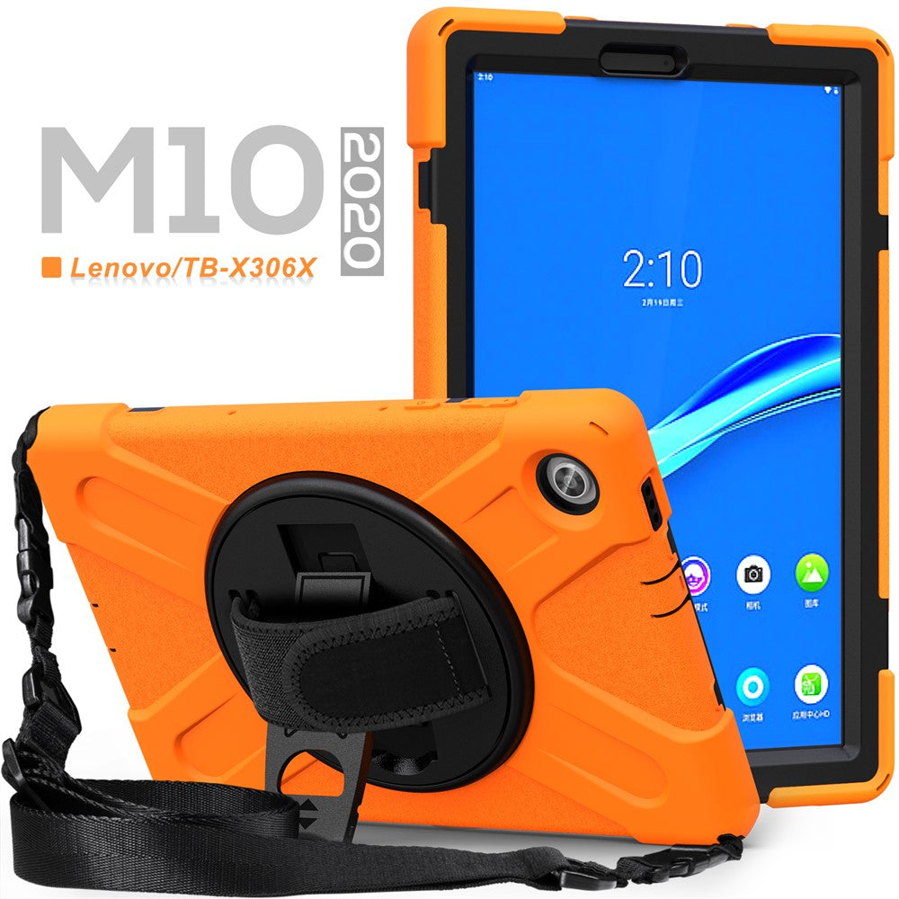360 Degree Swivel Kickstand Design PC + Silicone Hybrid Tablet Case with Shoulder Strap for Lenovo Tab M10 HD X306X - Orange