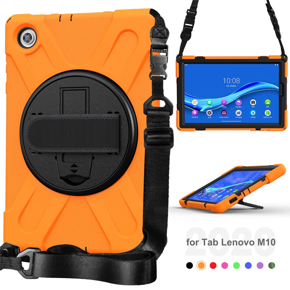 360 Degree Swivel Kickstand Design PC + Silicone Hybrid Tablet Case with Shoulder Strap for Lenovo Tab M10 HD X306X - Orange