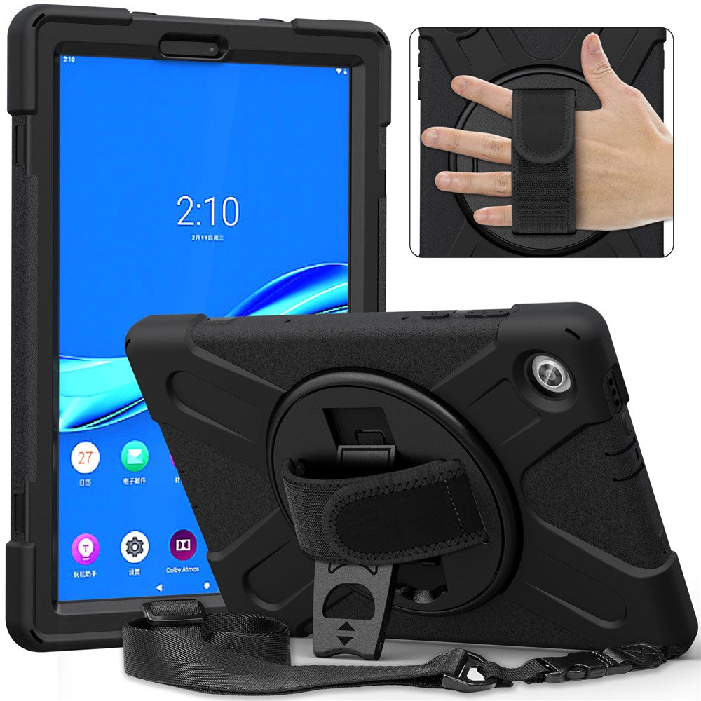 360 Degree Swivel Kickstand Design PC + Silicone Hybrid Tablet Case with Shoulder Strap forLenovo Tab M10 HD X306X - Black