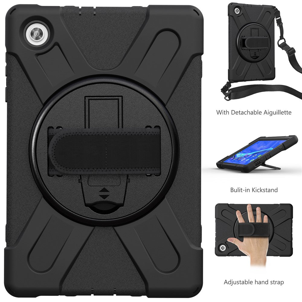 360 Degree Swivel Kickstand Design PC + Silicone Hybrid Tablet Case with Shoulder Strap forLenovo Tab M10 HD X306X - Black