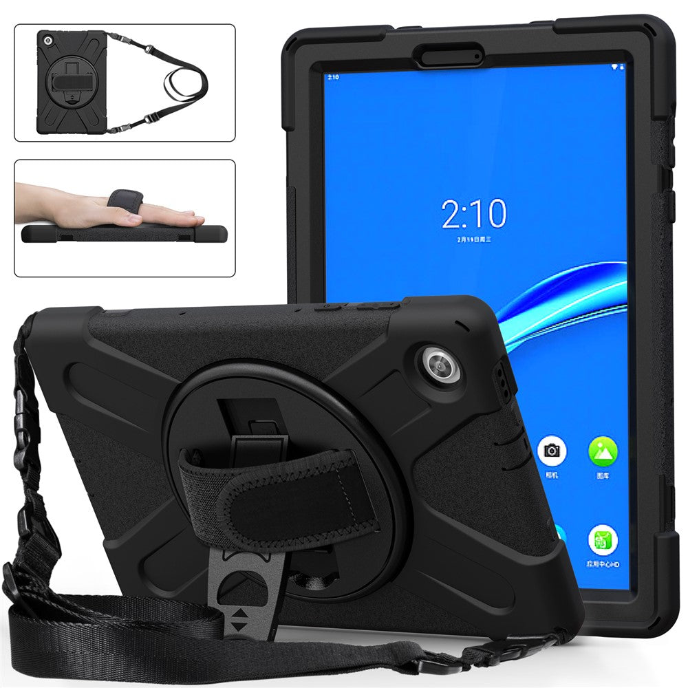 360 Degree Swivel Kickstand Design PC + Silicone Hybrid Tablet Case with Shoulder Strap forLenovo Tab M10 HD X306X - Black