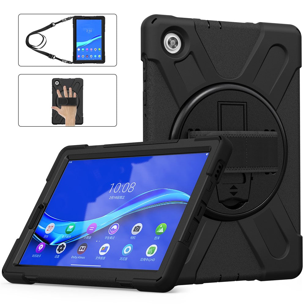 360 Degree Swivel Kickstand Design PC + Silicone Hybrid Tablet Case with Shoulder Strap forLenovo Tab M10 HD X306X - Black