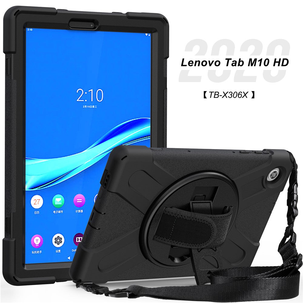 360 Degree Swivel Kickstand Design PC + Silicone Hybrid Tablet Case with Shoulder Strap forLenovo Tab M10 HD X306X - Black