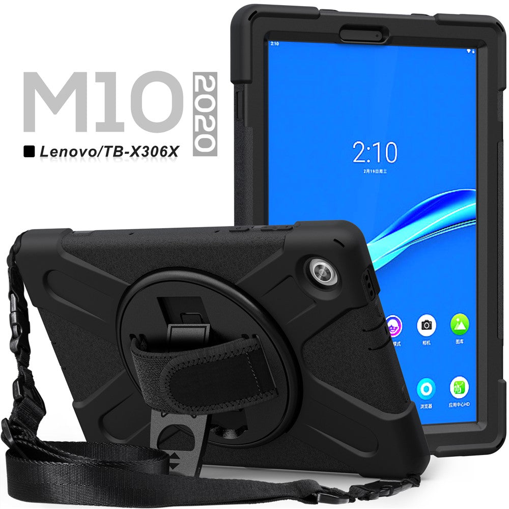 360 Degree Swivel Kickstand Design PC + Silicone Hybrid Tablet Case with Shoulder Strap forLenovo Tab M10 HD X306X - Black