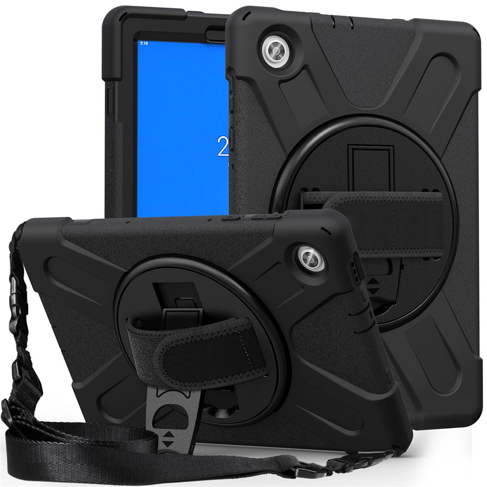 360 Degree Swivel Kickstand Design PC + Silicone Hybrid Tablet Case with Shoulder Strap forLenovo Tab M10 HD X306X - Black