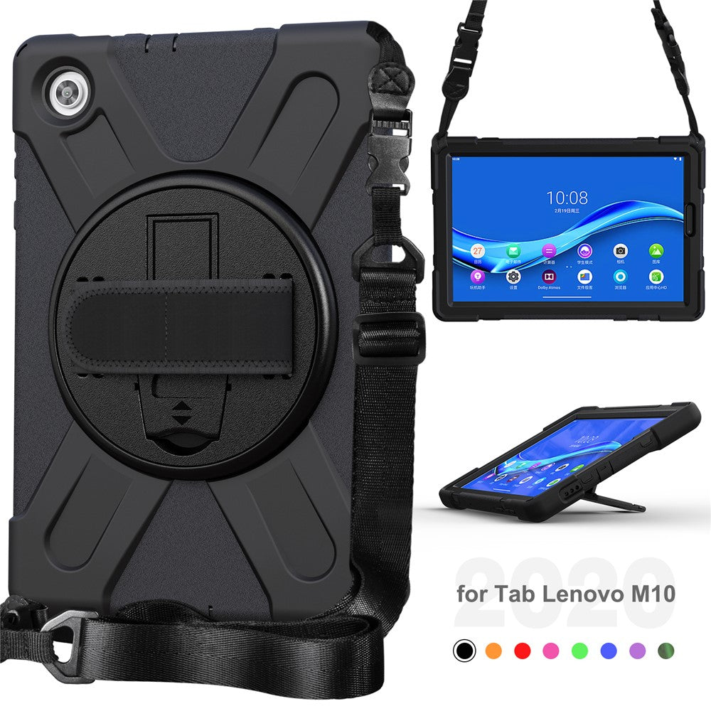 360 Degree Swivel Kickstand Design PC + Silicone Hybrid Tablet Case with Shoulder Strap forLenovo Tab M10 HD X306X - Black