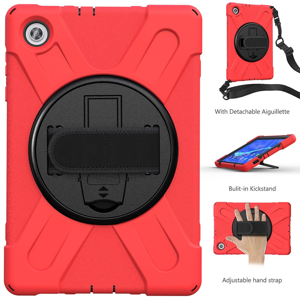 360 Degree Swivel Kickstand Design PC + Silicone Hybrid Tablet Case with Shoulder Strap for Lenovo Tab M10 HD X306X - Red