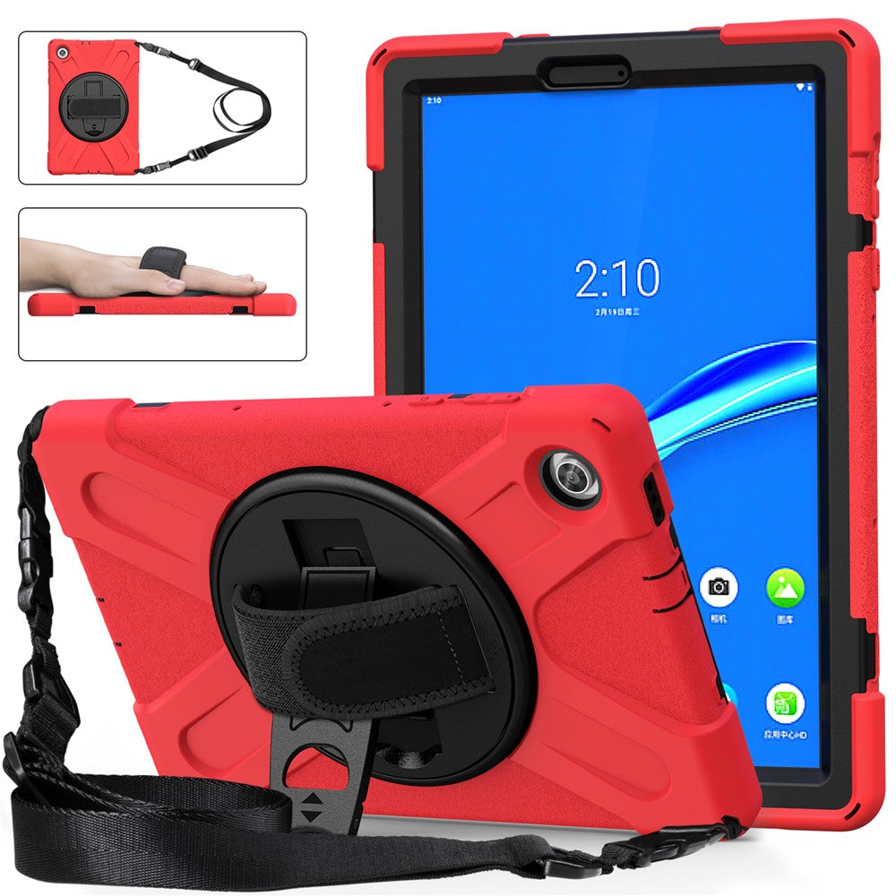 360 Degree Swivel Kickstand Design PC + Silicone Hybrid Tablet Case with Shoulder Strap for Lenovo Tab M10 HD X306X - Red