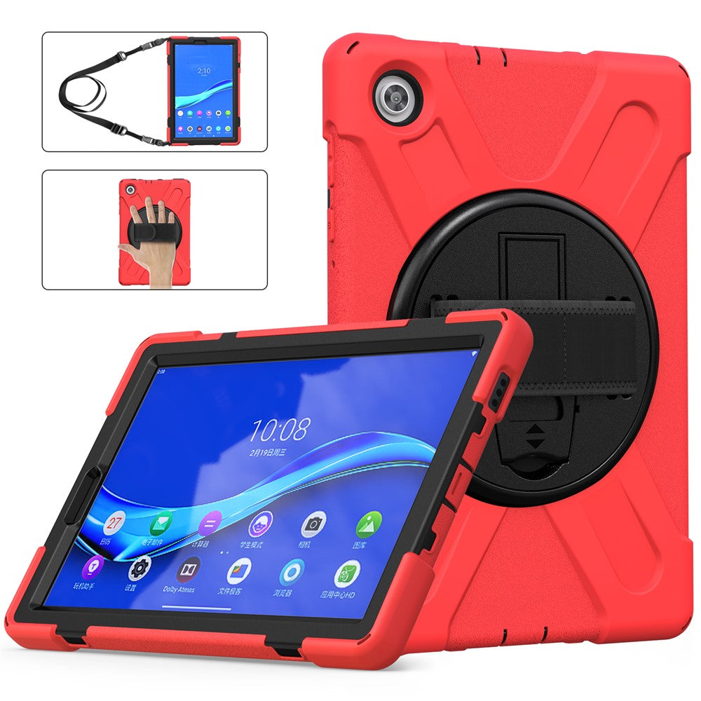 360 Degree Swivel Kickstand Design PC + Silicone Hybrid Tablet Case with Shoulder Strap for Lenovo Tab M10 HD X306X - Red
