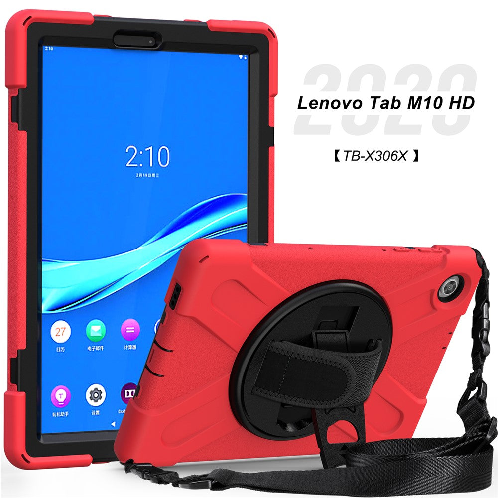 360 Degree Swivel Kickstand Design PC + Silicone Hybrid Tablet Case with Shoulder Strap for Lenovo Tab M10 HD X306X - Red