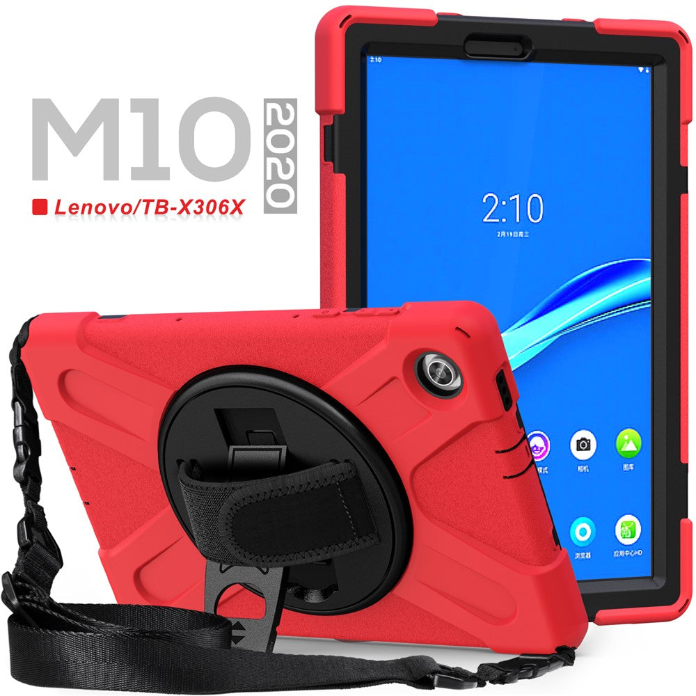 360 Degree Swivel Kickstand Design PC + Silicone Hybrid Tablet Case with Shoulder Strap for Lenovo Tab M10 HD X306X - Red