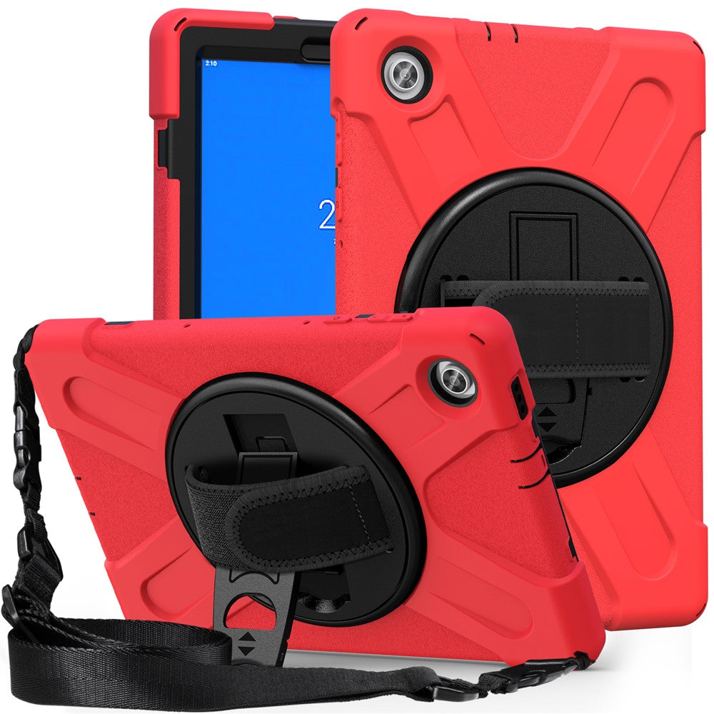 360 Degree Swivel Kickstand Design PC + Silicone Hybrid Tablet Case with Shoulder Strap for Lenovo Tab M10 HD X306X - Red