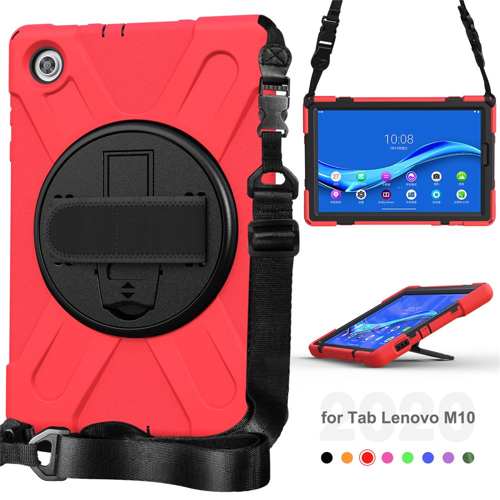 360 Degree Swivel Kickstand Design PC + Silicone Hybrid Tablet Case with Shoulder Strap for Lenovo Tab M10 HD X306X - Red