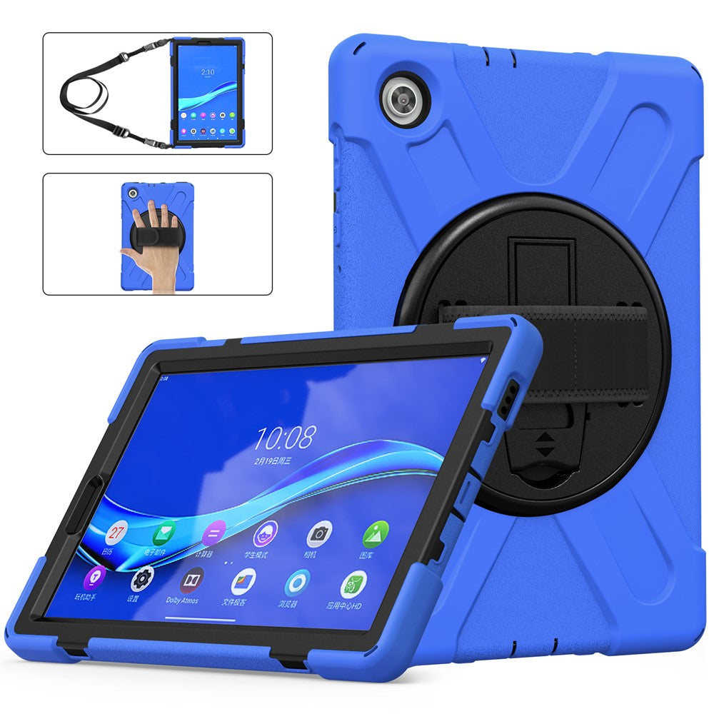 360 Degree Swivel Kickstand Design PC + Silicone Hybrid Tablet Case with Shoulder Strap for Lenovo Tab M10 HD X306X - Blue