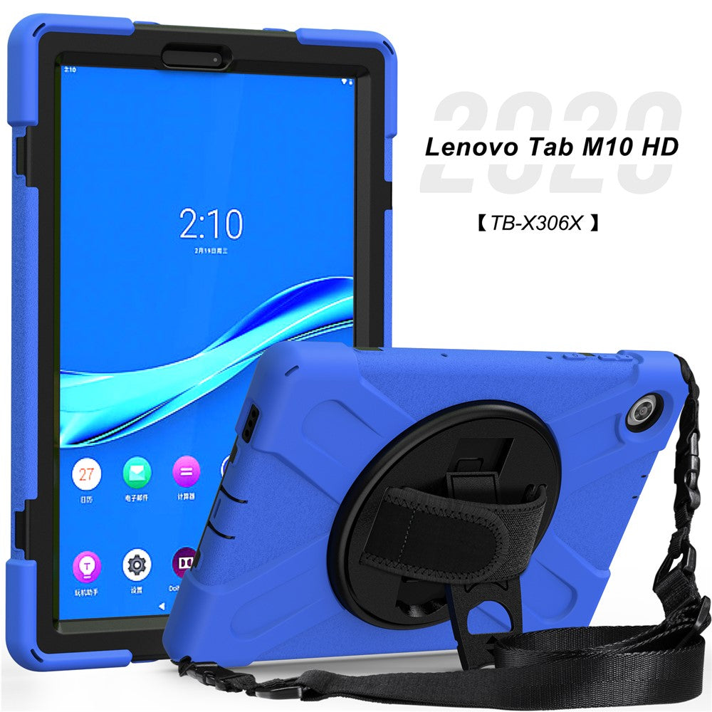 360 Degree Swivel Kickstand Design PC + Silicone Hybrid Tablet Case with Shoulder Strap for Lenovo Tab M10 HD X306X - Blue