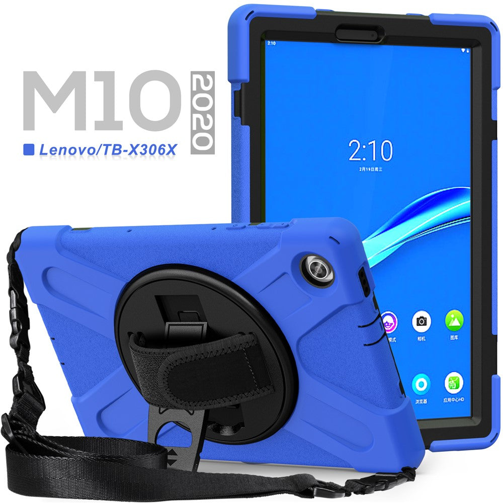 360 Degree Swivel Kickstand Design PC + Silicone Hybrid Tablet Case with Shoulder Strap for Lenovo Tab M10 HD X306X - Blue