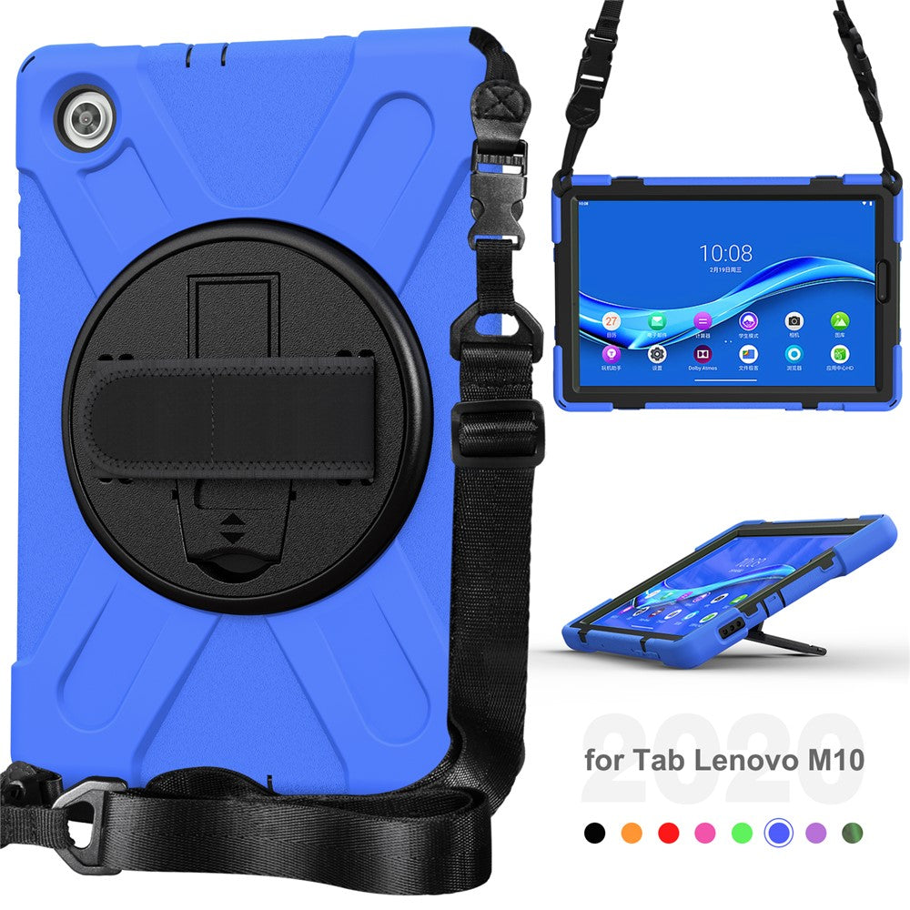 360 Degree Swivel Kickstand Design PC + Silicone Hybrid Tablet Case with Shoulder Strap for Lenovo Tab M10 HD X306X - Blue