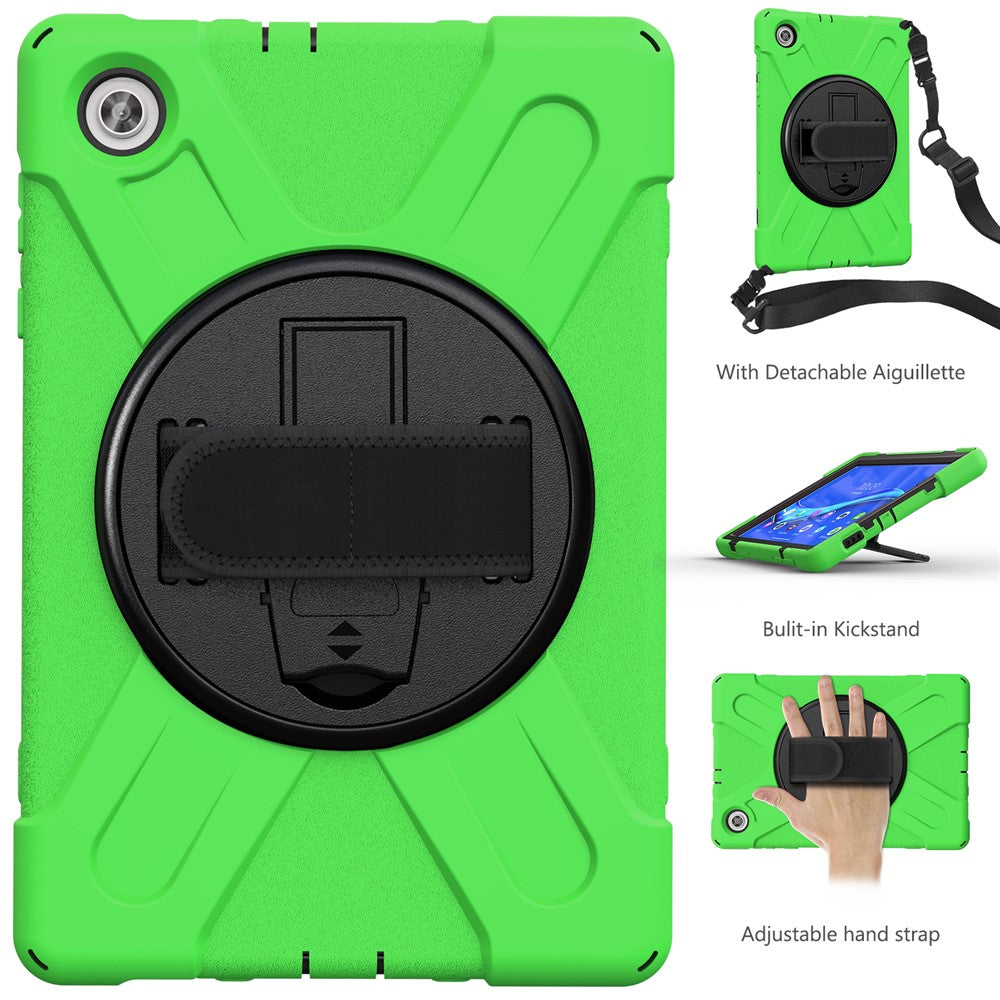 360 Degree Swivel Kickstand Design PC + Silicone Hybrid Tablet Case with Shoulder Strap for Lenovo Tab M10 HD X306X - Green
