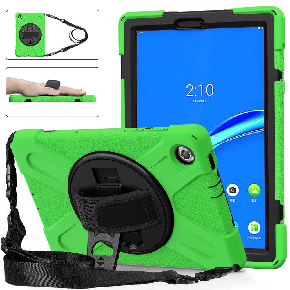 360 Degree Swivel Kickstand Design PC + Silicone Hybrid Tablet Case with Shoulder Strap for Lenovo Tab M10 HD X306X - Green