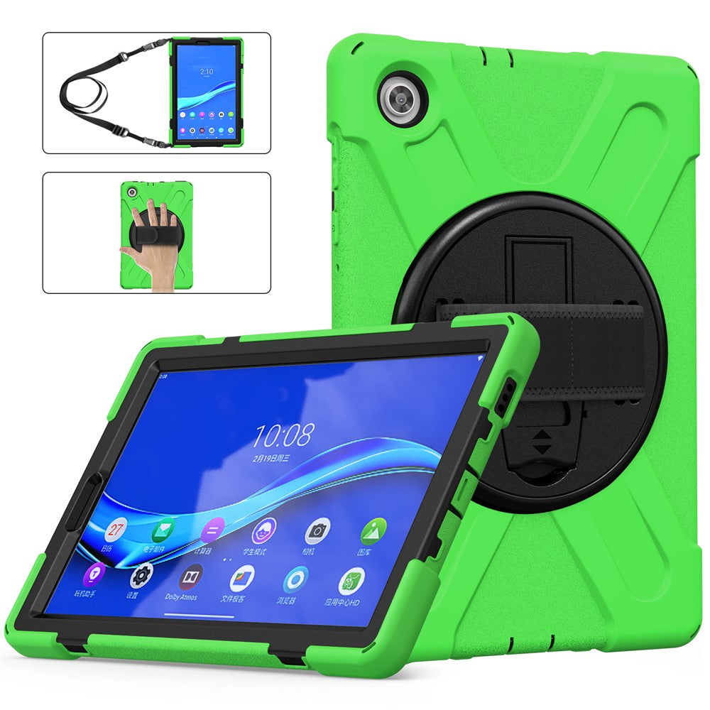 360 Degree Swivel Kickstand Design PC + Silicone Hybrid Tablet Case with Shoulder Strap for Lenovo Tab M10 HD X306X - Green