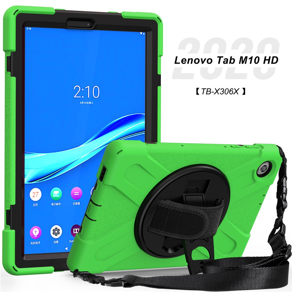 360 Degree Swivel Kickstand Design PC + Silicone Hybrid Tablet Case with Shoulder Strap for Lenovo Tab M10 HD X306X - Green