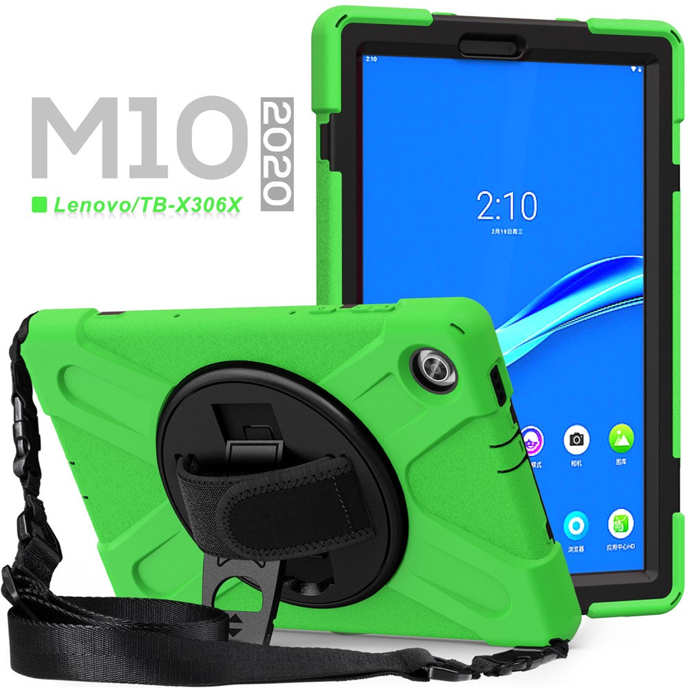 360 Degree Swivel Kickstand Design PC + Silicone Hybrid Tablet Case with Shoulder Strap for Lenovo Tab M10 HD X306X - Green