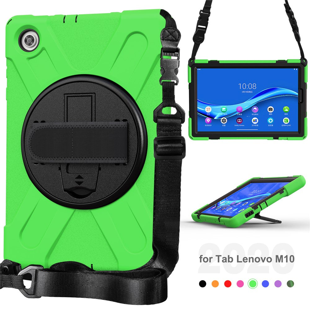 360 Degree Swivel Kickstand Design PC + Silicone Hybrid Tablet Case with Shoulder Strap for Lenovo Tab M10 HD X306X - Green