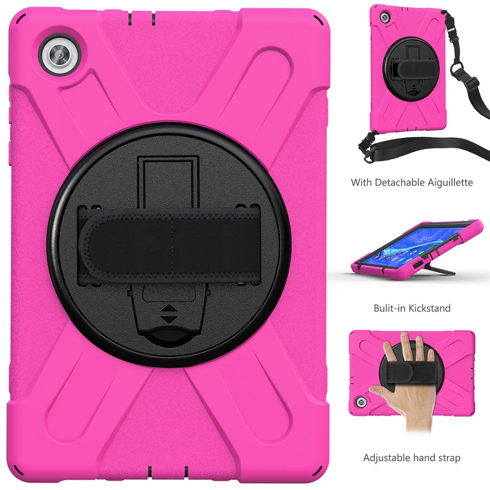 360 Degree Swivel Kickstand Design PC + Silicone Hybrid Tablet Case with Shoulder Strap for Lenovo Tab M10 HD X306X - Rose