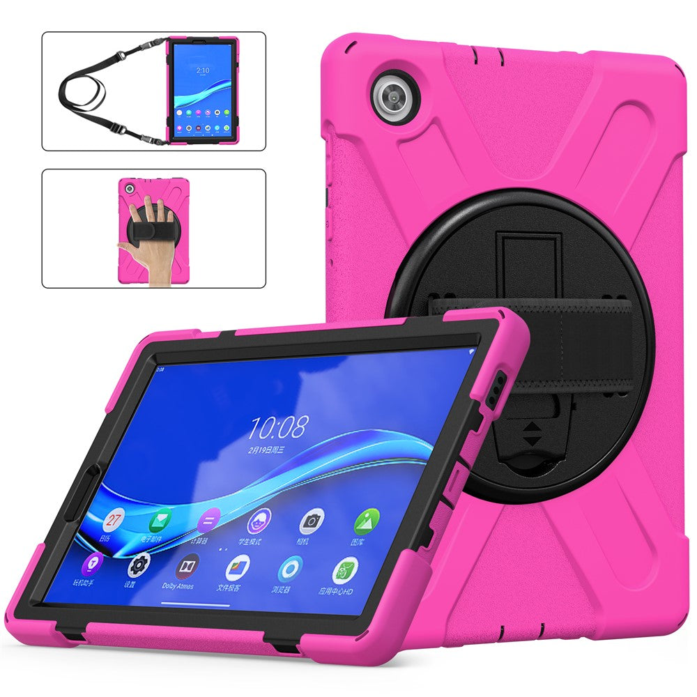 360 Degree Swivel Kickstand Design PC + Silicone Hybrid Tablet Case with Shoulder Strap for Lenovo Tab M10 HD X306X - Rose