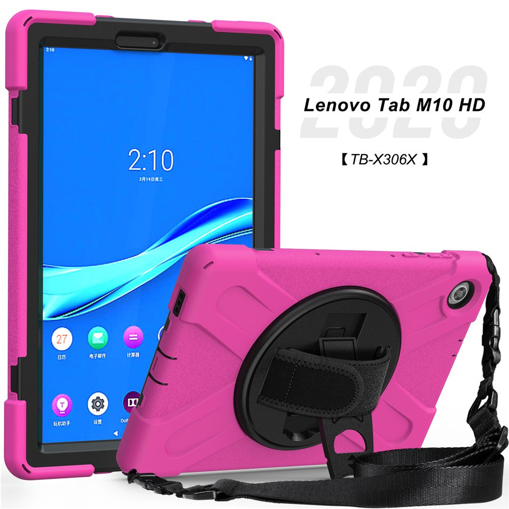 360 Degree Swivel Kickstand Design PC + Silicone Hybrid Tablet Case with Shoulder Strap for Lenovo Tab M10 HD X306X - Rose