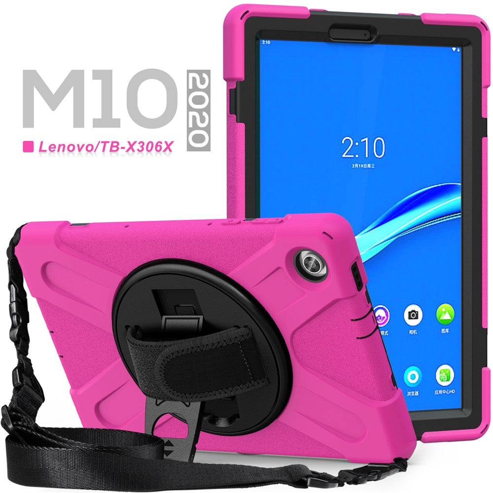 360 Degree Swivel Kickstand Design PC + Silicone Hybrid Tablet Case with Shoulder Strap for Lenovo Tab M10 HD X306X - Rose