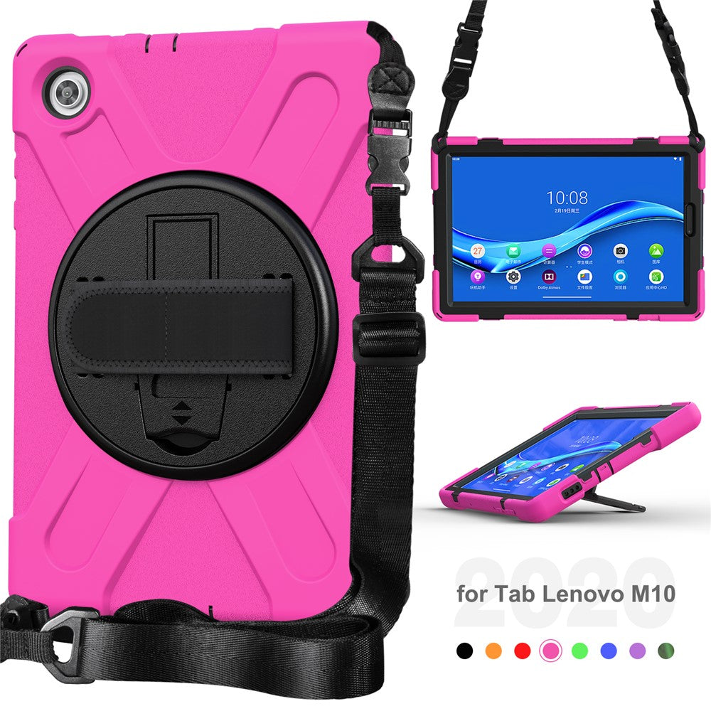 360 Degree Swivel Kickstand Design PC + Silicone Hybrid Tablet Case with Shoulder Strap for Lenovo Tab M10 HD X306X - Rose