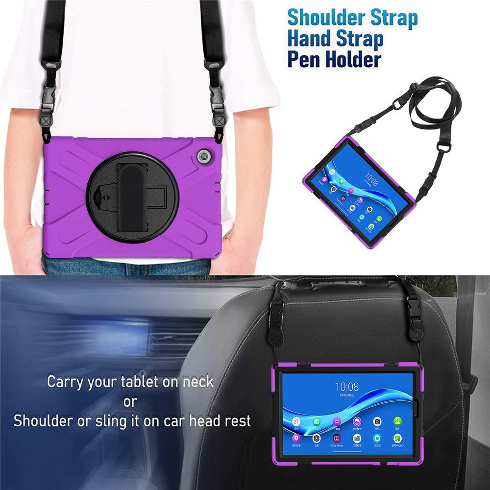 360 Degree Swivel Kickstand Design PC + Silicone Hybrid Tablet Case with Shoulder Strap for Lenovo Tab M10 HD X306X - Purple