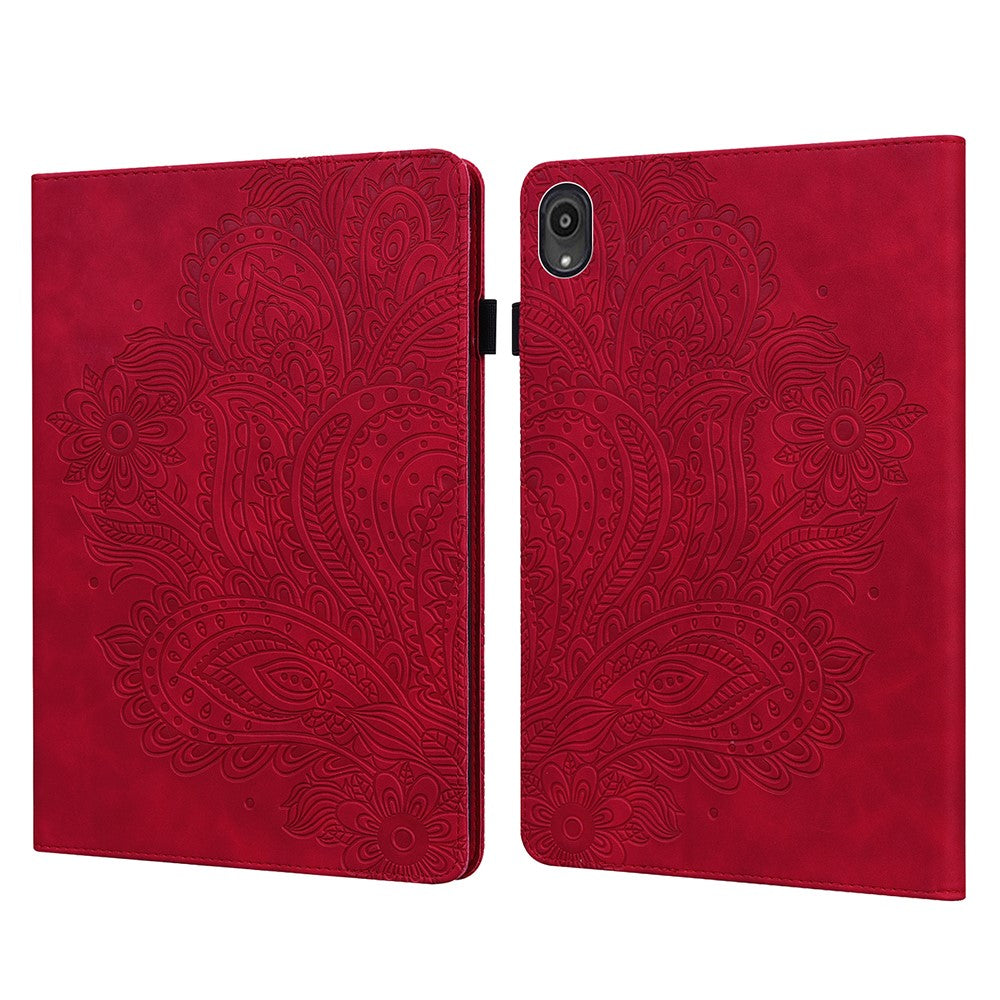 Imprinted Peafowl Flower Pattern Design Leather Tablet Wallet Stand Protective Shell for Lenovo Tab P11 TB-J606F / Tab P11 5G - Red