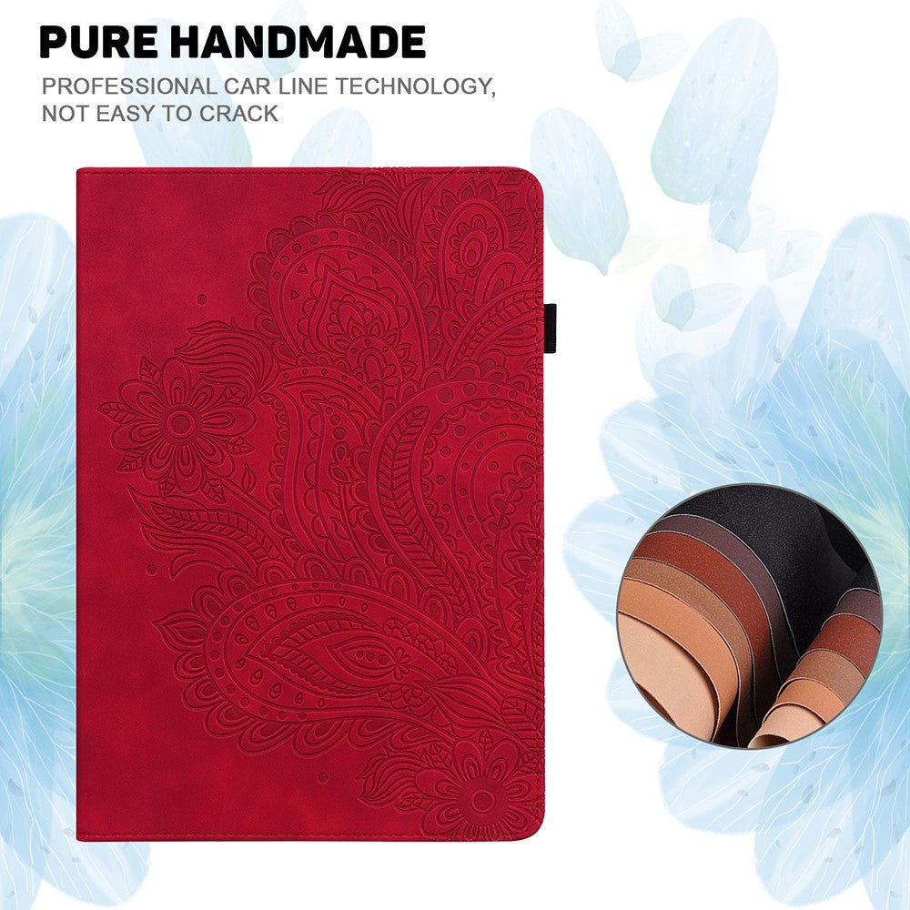 Imprinted Peafowl Flower Pattern Design Leather Tablet Wallet Stand Protective Shell for Lenovo Tab P11 TB-J606F / Tab P11 5G - Red