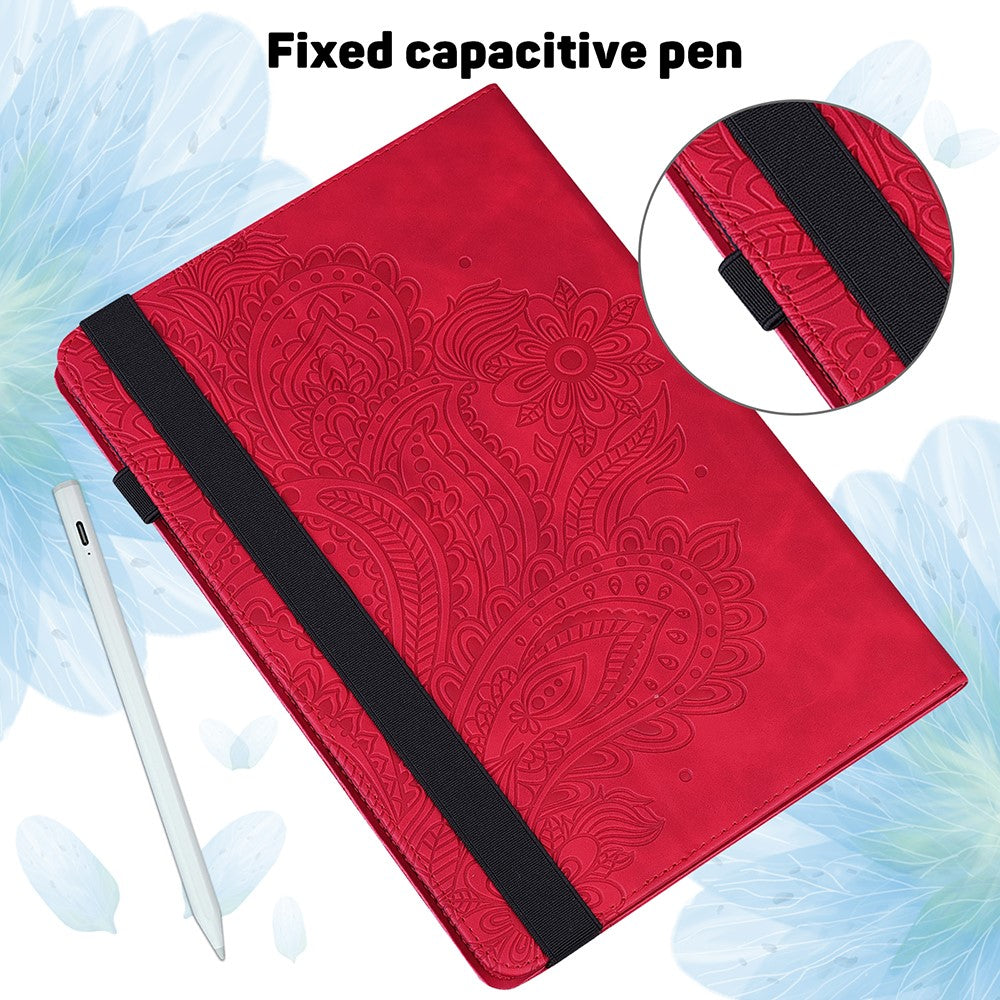 Imprinted Peafowl Flower Pattern Design Leather Tablet Wallet Stand Protective Shell for Lenovo Tab P11 TB-J606F / Tab P11 5G - Red