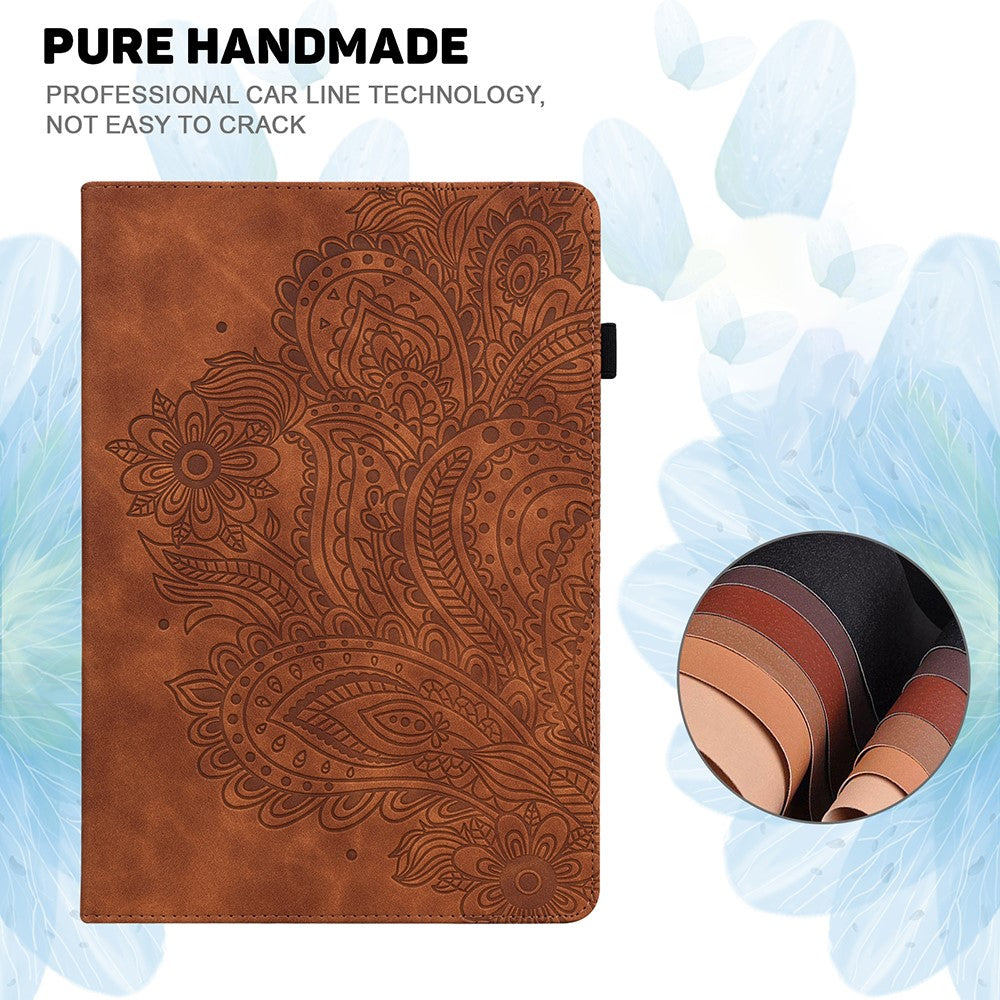 Imprinted Peafowl Flower Pattern Design Leather Tablet Wallet Stand Protective Shell for Lenovo Tab P11 TB-J606F / Tab P11 5G - Brown